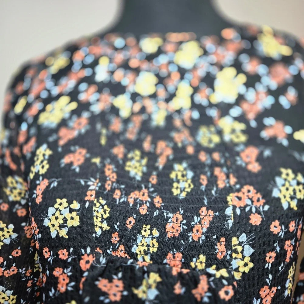 Free People Floral Mini Dress Womens S Black Good Smocked Long Sleeve Boho (D11)